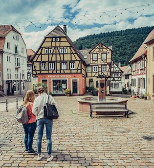 Ein Platz in einer Altstadt mit Kopsteinpflaster. In der Mitte ist ein Brunnen davor stehen zwei Frauen. Um den Platz stehen Fachwerkhäuser. Neckargemünd im Odenwald.