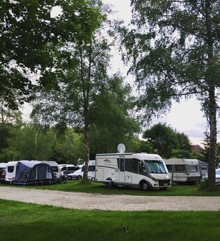 Blick auf den unter großen Bäumen liegenden Campingplatz Tauberromantik in Rothenburg o.d.T.