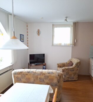 Küchenzeile und Wohnbereich in der Ferienwohnung