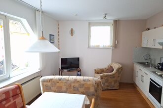 Küchenzeile und Wohnbereich in der Ferienwohnung