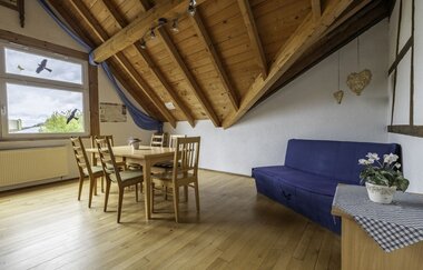 Im Raum steht ein Sofa und ein Tisch mit Stühlen