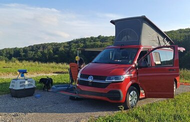 Ein roter VW-Bus mit Faltdach auf dem Platz mit einem Hund und einer Hundebox