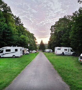Blick auf den Wohnmobilstellplatz beim Naturcamping in Bad Mergentheim. Die Wohnmobile stehen auf Grünflächen. Die Bäume rechts und links sind groß und intensiv grün. Die Wolken am Himmel sind rosafarben. Im Hintergrund geht gleich die Sonne auf/unter.