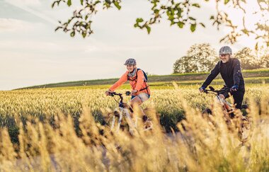 Zwei Radfahrer fahren auf einem Radweg. Im  Hinergrund ist ein Feld mit Getreide zu sehen. Odenwald.