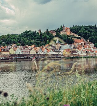 Ein Fluß (Neckar). Au fder anderen Uferseite ist eine Stadt zu sehen. Auf einem Berg ein Schloss. Hirschhorn im Odenwald.
