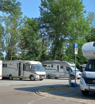 Wohnmobilstellplatz mit mehreren geparkten Wohnmobilen und Bäumen im Hintergrund.