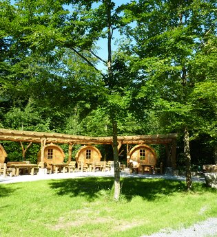 Die Campingfässer liegen idyllisch unter Bäumen
