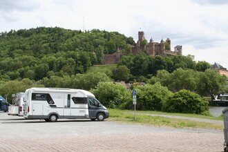 Wohnmobilstellplatz in Kreuzwertheim am Main mit Blick auf die Wertheimer Burg und den Main