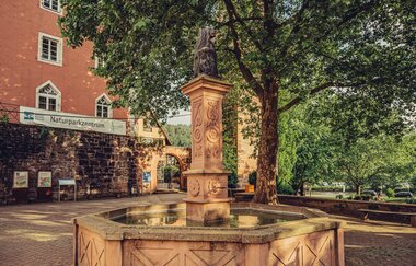 Brunnen aus Buntsandstein. Im Hintergrund ein rotes Haus mit einem Baum. Eberbach im Odenwald