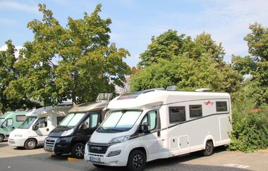 Blick auf den Wohnmobilstellplatz in Tauberbischofsheim. Einige Wohnmobile stehen neben Büschen und Bäumen.