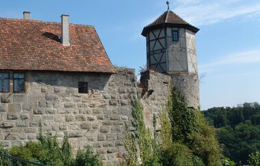 Die Burg hat einen Turm und ist von einer Steinmauer umgeben