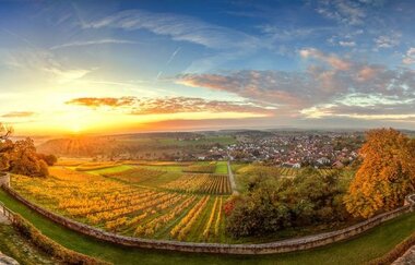 Panorama-Sonnenaufgang über Weiler und den Weinbergen