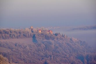 Luftbildaufnahme mit Blick auf die Burg Neuhaus in Igersheim. Die Burg steht auf einem Berg und ist von Wald umgeben. Im Tal ist Nebel zu sehen.