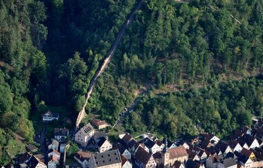 Luftbildaufnahme auf Teile der Altstadt Freudenberg am Main, die Burgmauer und die von Wald umgebene Burganlage.