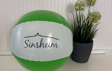Grün-weißer Wasserball mit der Aufschrift "Sinsheim" vor weißer Wand und grüner Topfpflanze