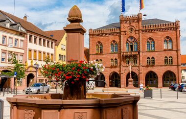 Blick auf den mit roten Geranien geschmückten Brunnen  auf dem Marktplatz in Tauberbischofsheim. Im Hintergrund ist das aus Sandstein gebaute Rathaus zu sehen.