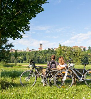 Radfahrer machen Rast mit Blick auf Bad Wimpfen