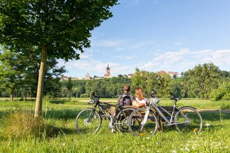 Radfahrer machen Rast mit Blick auf Bad Wimpfen