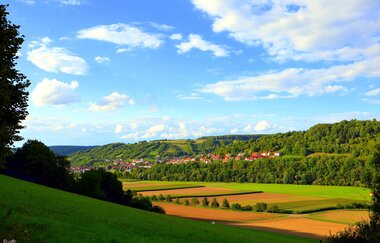 Ortsansicht von Mulfingen von Jagstberg aus mit Wiesen und Feldern
