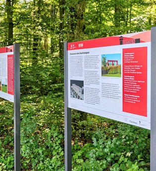 Wanderer an Infotafeln zum Limes