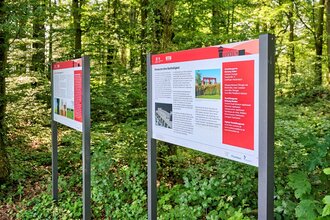 Wanderer an Infotafeln zum Limes